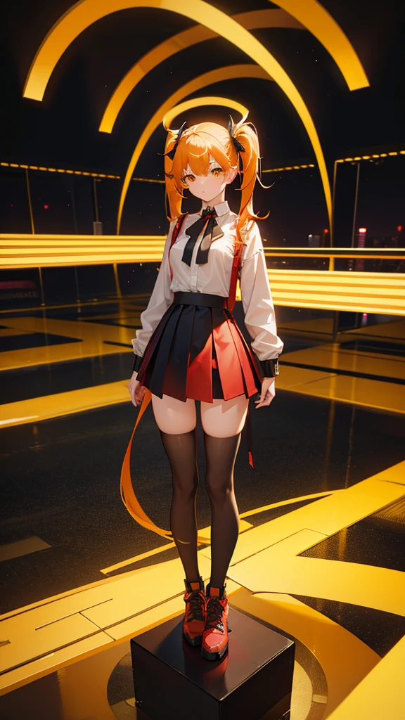 girl in a short skirt in knee-length stockings, red-yellow hair,Twin Tail, full height, in a beautiful area, 3D wallpaper.