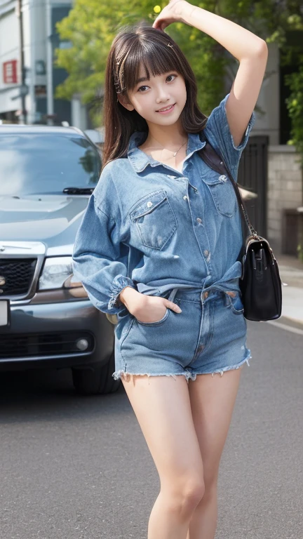 ((SFW: 1.4)), (girl)), Ultra-high resolution, (Realistic: 1.4), RAW Photos, Highest quality, (PhotoRealistic Stick), concentrated, Soft Light, ((15 years old)), ((Japanese)), (( (Young Face))), (surface), (Written boundary depth), masterpiece, (Realistic), woman, bangs, ((1 girl))、(((Model-like style、Thighs、shin、Full body portrait)))、Handbags))、((((Mr.々Fashion、Summer clothes、Mr.々A pose))))、(((Find someone you like and smile)))、(((The background is American tourist destinations)))