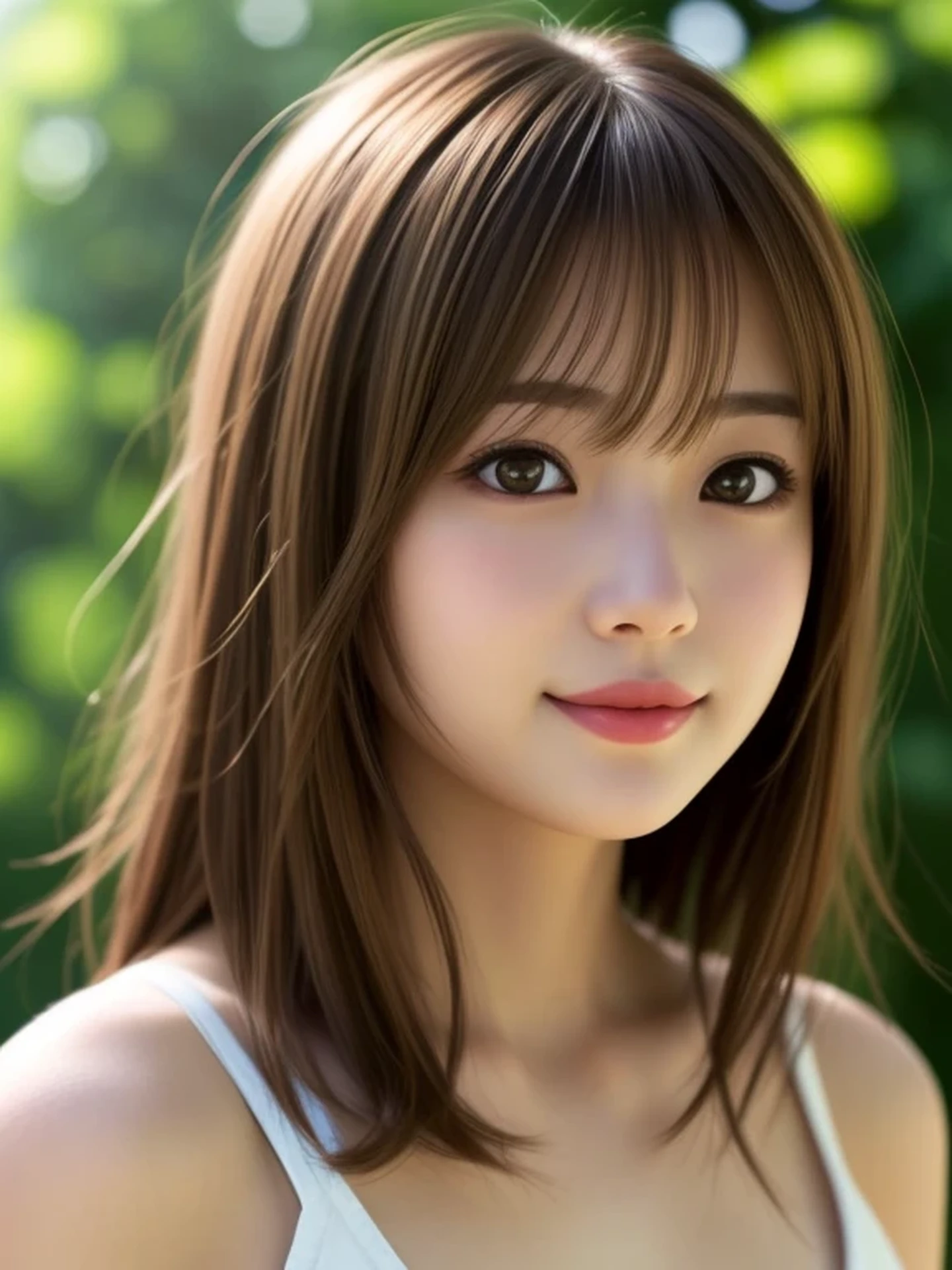 1 Japanese girl, (looking away:1.4), (upper body shot:1.2), Beautifully detailed eyeballs, Realistic digital painting of a woman portrait, Shy,  Cute, happy smile, brown eyes,  (medium Hair:1.1), (light brown brunette hair:1.3), (Highly detailed skin:1.2), Mystical style, Global Illumination,
