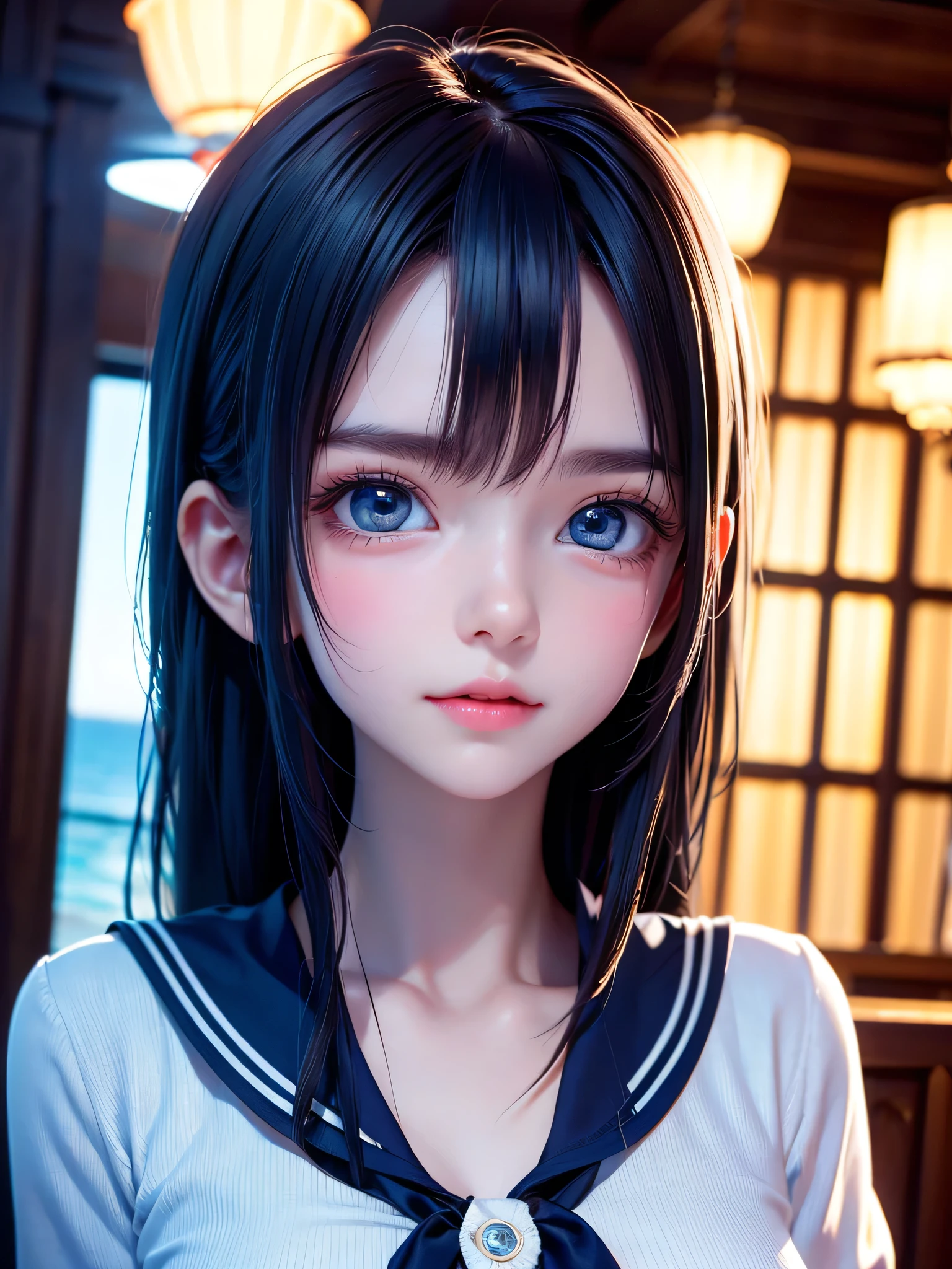 One Girl,(One very cute girl:1.3),masterpiece,Highest quality,High resolution,Photorealistic,RAW Photos,Ray Tracing,beautiful girl,(:1.3),cute,Big eyes,(detailed pupils:1.2),(The face is facing straight ahead:1.3),Body facing forward,Beautiful nose,Fuller lips,Short black hair,ponytail,short hair,Detailed eyelashes,Thin eyebrows,Very fine grain definition,(Symmetrical eyes:1.3),(Face close-up,Face Focus:1.0),Small breasts,White and navy blue sailor suit,uniform,The background is the sea,Portrait,View Viewer,From below,Cinema Lighting,High resolution,Very detailed