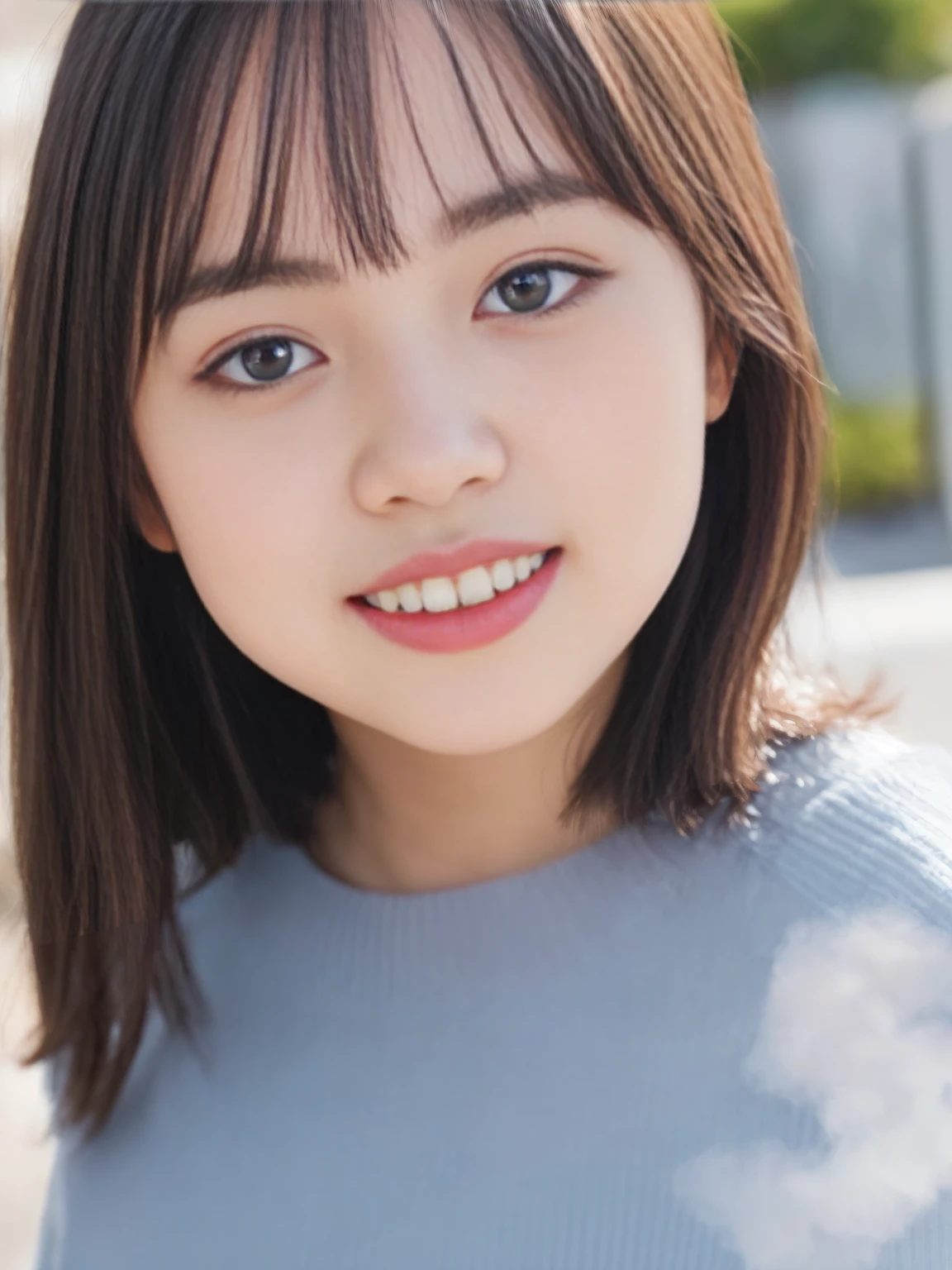 (masterpiece, Highest quality:1.2), One girl, Alone 1 Japanese idol girl,(kawaii, moe, cute:1.1),black medium wavy hair,beautiful cute face,round face,baby face,large eyes,(chubby:0.7),(narrow waist:1.1),huge breasts,small face, BREAK professional vivid art portrait photography, pretty cute model girl, cute decorative , (blooming flowers:1.2),(clouds:1.1),ray of light,fog of light,(blue sky:1.1),(bokeh:1.2), BREAK dreamy and cute feeling, (dynamic pose:1.2),dynamic angle, (happily walking:1.2),(full body:1.3),(thighs_focus:1.3), happy facial expression,grin, BREAK (absurdres:1.3),(ultra detailed photograph:1.5),(detailed face and skin:1.3),(ultra high res:1.5),(photorealistic:1.5),hyperrealistic photography,best quality,symmetric clear eyes,well-groomed face,(ray tracing:1.3),natural smooth moist facial skin texture