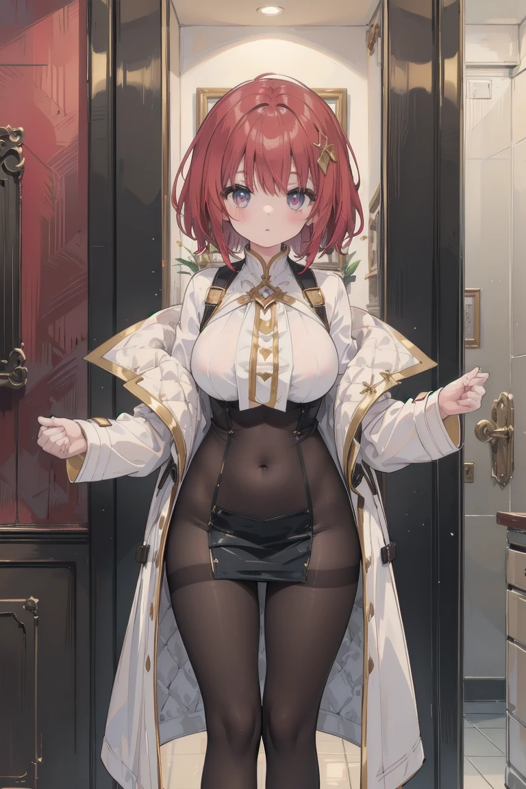 girl, White blouse, mini skirt, Black Pantyhose, white overcoat, Are standing, Glamorous clothing, Complex clothing,, A familiar face, Brown and gold tones, Day、Braided Hair、I-cup breasts、Protruding chest、Protruding buttocks、Red color hair、Short Hair