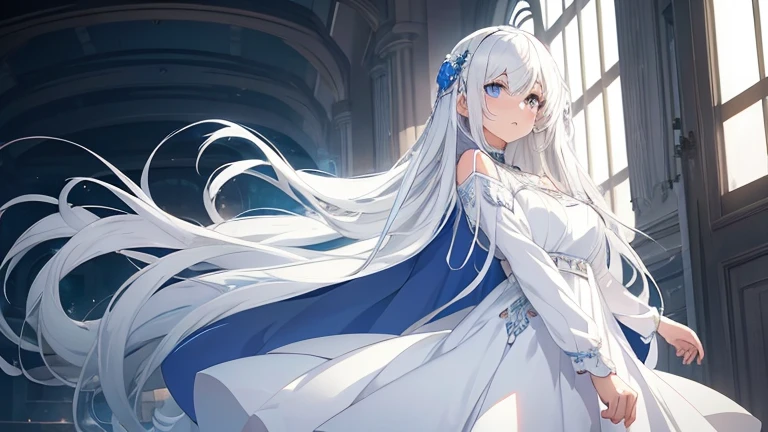 a woman in a white dress with long hair and blue eyes, white dress!! of silver hair, perfect white haired girl, anime waifu in a nice dress, white haired deity, girl with white hair, anime moe artstyle, nico wearing a white dress, female anime character, anime best girl, white haired lady, white haired