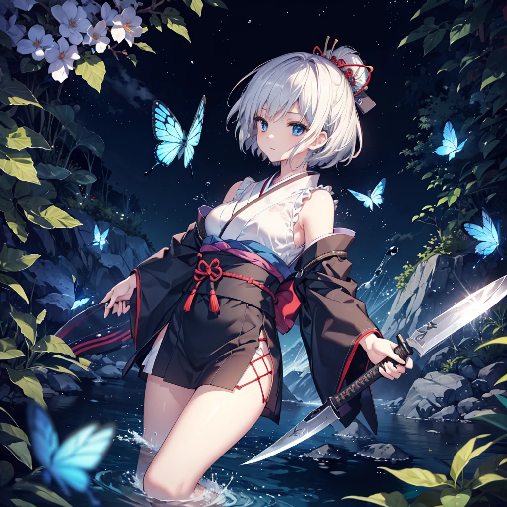 (((1 person)))　((High resolution　Gray Hair　short hair　Black kimono　Shoulder))　((Black Band　military commander　Lonely　despair　blue eyes))　((Blue Butterfly　night　Japanese style　old　Shining Aura　garden　water surface))　(dance　日本knife　knife　Slashing)　moon　star　Draw your sword　Slashing　Catch the wind　