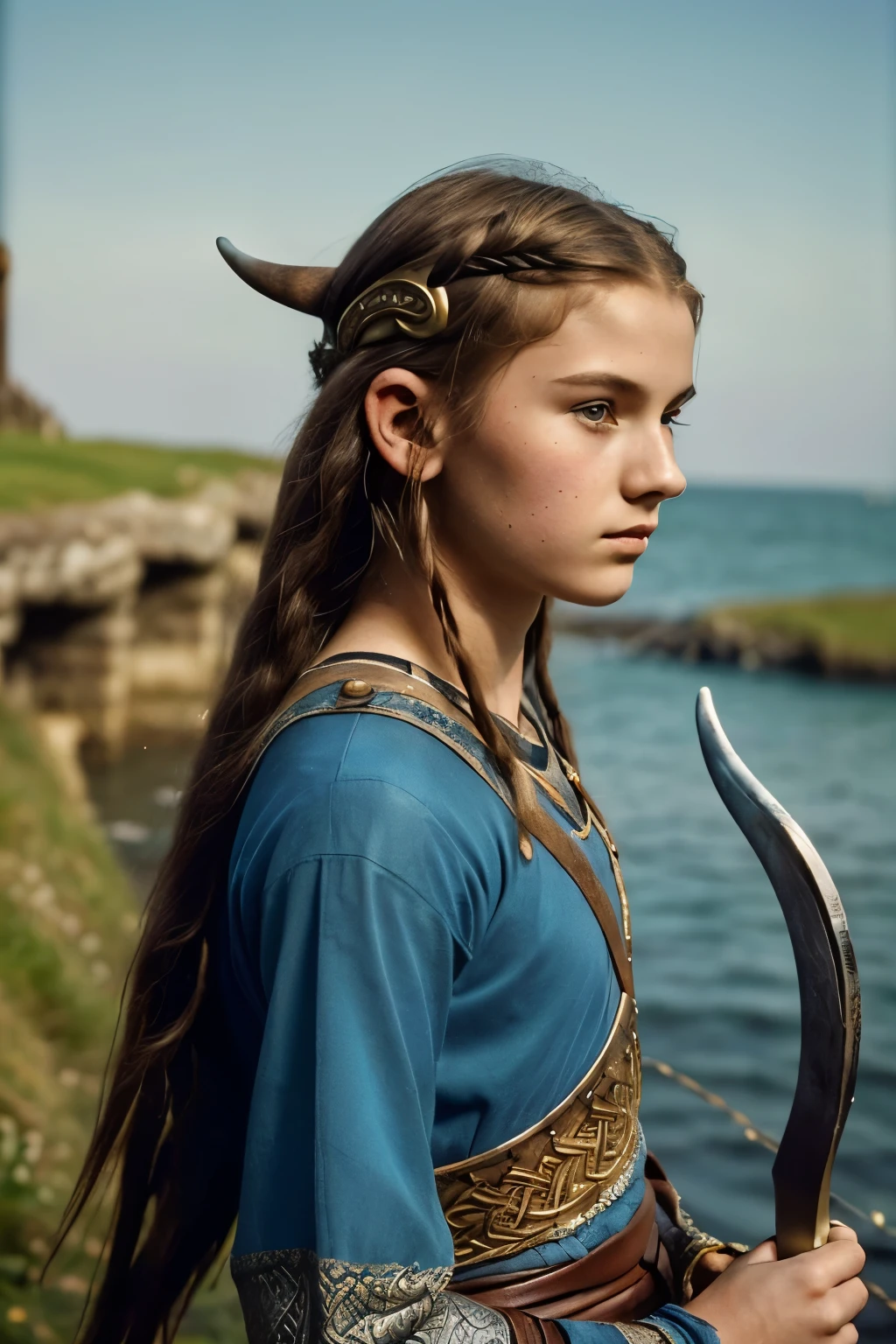 England, 878. close-up of a A young ((((15-year-old)) Brida)), viking girl, fierce, very thin and skinny ((((viking clothings from the 870s)))), ((dark brunette hairstyle of the 870s)), ((colorful, Monet))