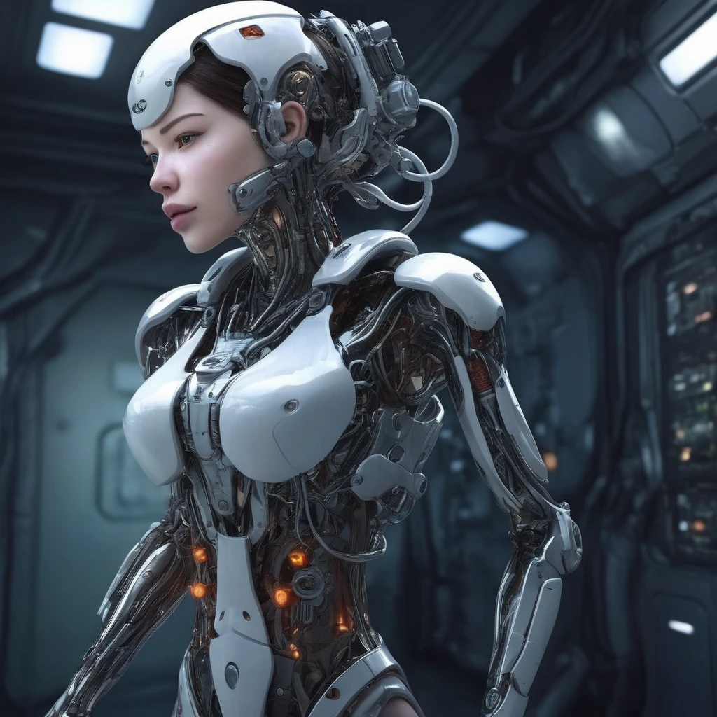 (((masterpiece))), ((best quality)), ((ultra-detailed)), (CG illustration), (an extremely devious and beautiful)), (cute desktop face), cinematic light, ((1 mechanical girl)), single, full, (machine-made joints). : 1.4), ((mechanical limb)), (blood vessel attached to tube), ((mechanical spine attached to back)), ((mechanical cervical vertebrae attached to neck), ((war machine)), expressionless, (wires and cables attached to head and body: 1.5), (character focus), science fiction