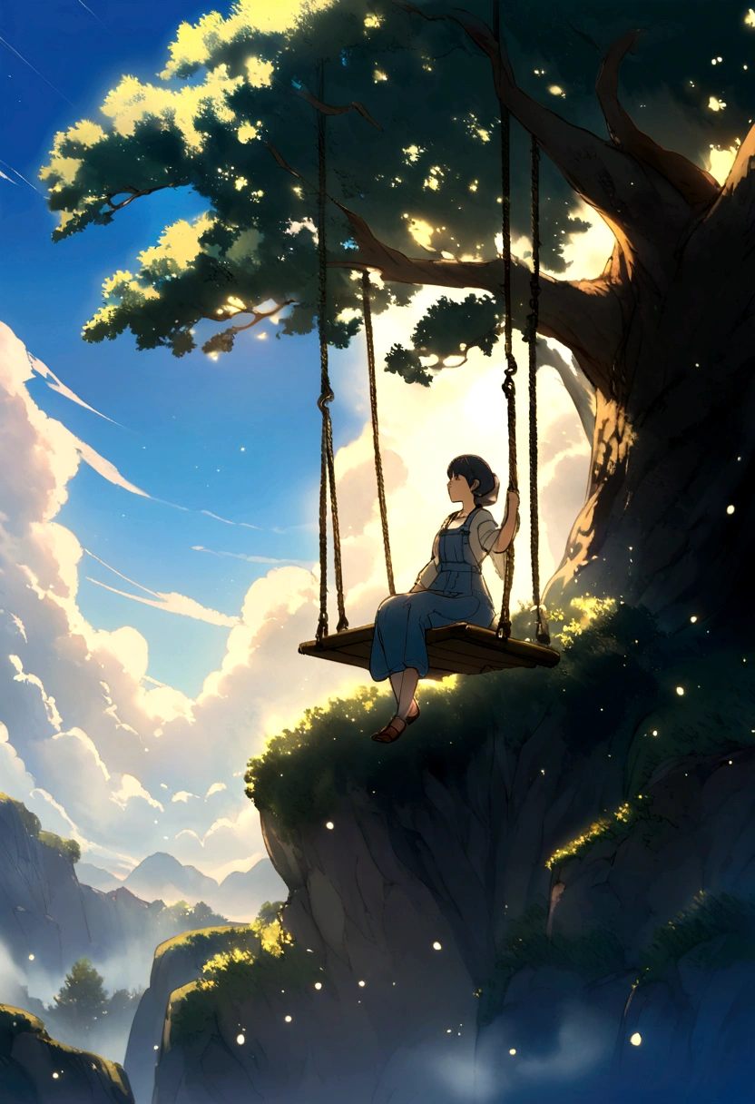 “Create an anime-style illustration in the style of Makoto Shinkai. The scene features a vast, majestic blue sky framed by the branches of a large, leafy tree. Sunlight filters through the leaves, casting a serene glow. In the center, a woman is sitting on a swing suspended in mid-air. The overall atmosphere should be peaceful and contemplative.”
