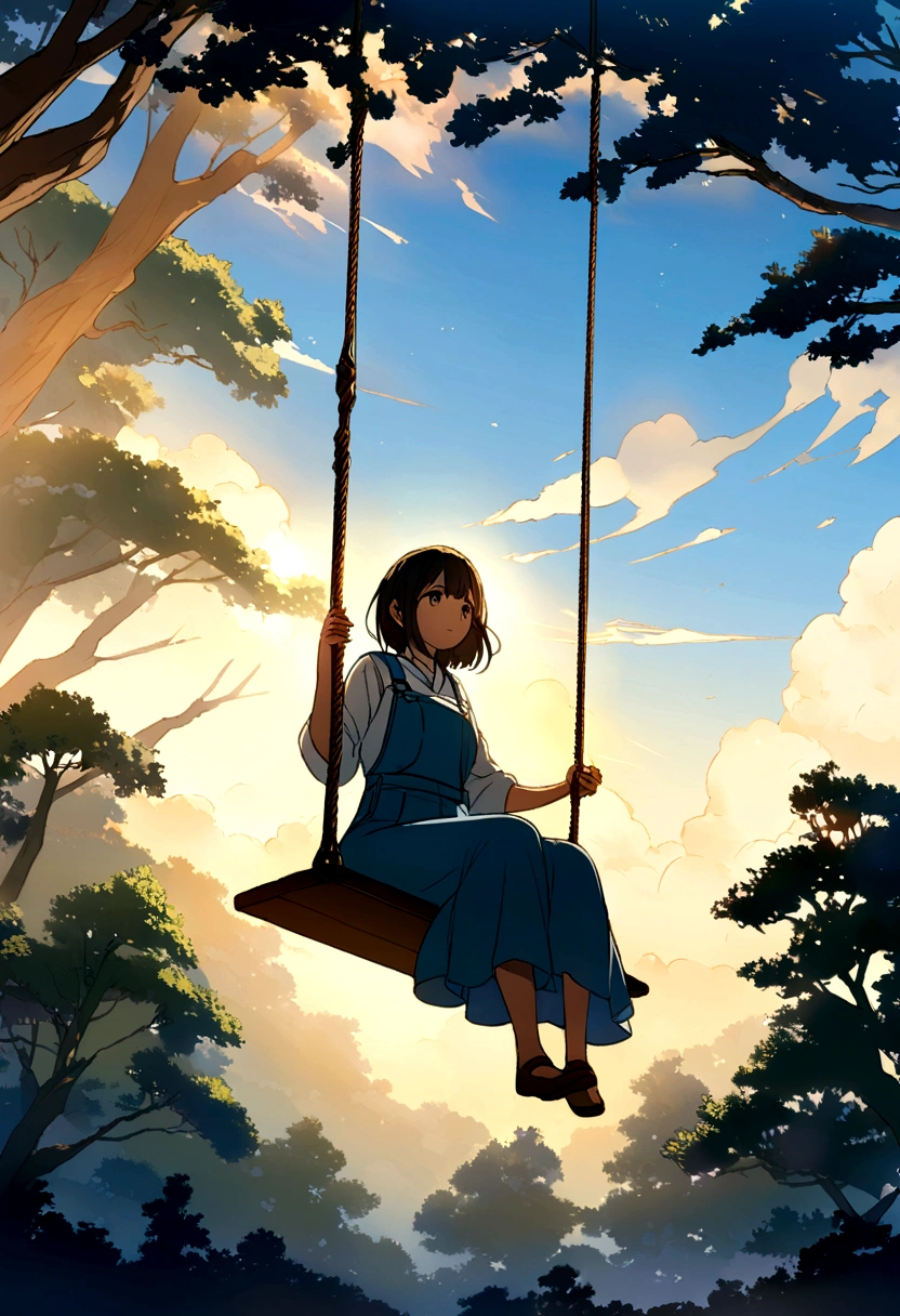 “Create an anime-style illustration in the style of Makoto Shinkai. The scene features a vast, majestic blue sky framed by the branches of a large, leafy tree. Sunlight filters through the leaves, casting a serene glow. In the center, a woman is sitting on a swing suspended in mid-air. The overall atmosphere should be peaceful and contemplative.”