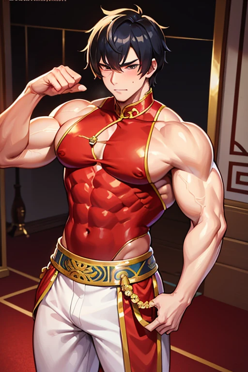 muscular man wearing tight chinese traditional dress. seductive face, bite his lip and big chest. set in a Chinese palace. flexing his big chest. leaning his chest forward. blushing hard. sweaty. walking on red carpet. sexy pose. (masterpiece) (high quality) (gay)