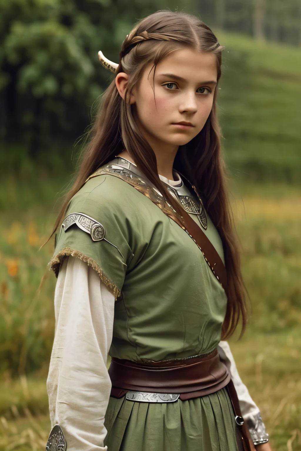 England, 878. close-up of a A young ((((-yeld)) da)), viking girl, fierce, very thin and skinny ((((viking clothings from the 870s)))), ((dark brunette hairstyle of the 870s)), ((colorful, Monet))
