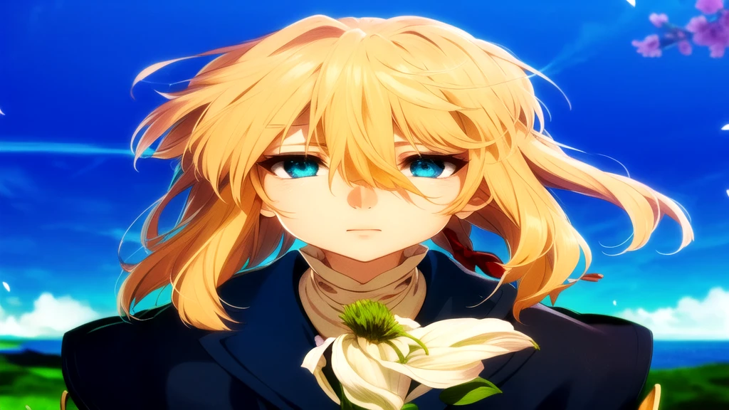 melhor qualidade, Obra de arte, Detalhe intrincado de 1 garota, (foco no rosto) rosto detalhado, olhando para o espectador, penteado detalhado,Violet Evergarden, olhos azuis, cabelo loiro. 1 garota, Sozinho, Violet Evergarden, vestir, vestir, parque, Clear sky, flor, flors, petals, dynamic angle;