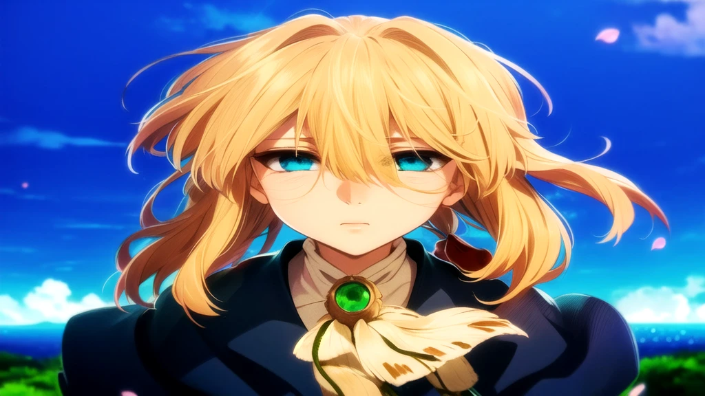melhor qualidade, Obra de arte, Detalhe intrincado de 1 garota, (foco no rosto) rosto detalhado, olhando para o espectador, penteado detalhado,Violet Evergarden, olhos azuis, cabelo loiro. 1 garota, Sozinho, Violet Evergarden, vestir, vestir, parque, Clear sky, flor, flors, petals, dynamic angle;