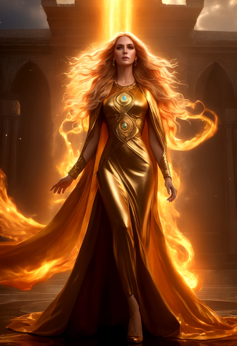 a tall lady in perfect body proportion, perfect face, perfect body, chakra-royal regalia, wet cloak, very long-golden hair, blowing hair, medusa hair, one hand pointing the sky, high heels, golden rays surrounded, mystical aura, ethereal, fire element, death massive-flames in background, dark moon, unreal engine, cinema art photographic, cinematic motion picture, 8k, super detailed, bottom view, bottom camera angle