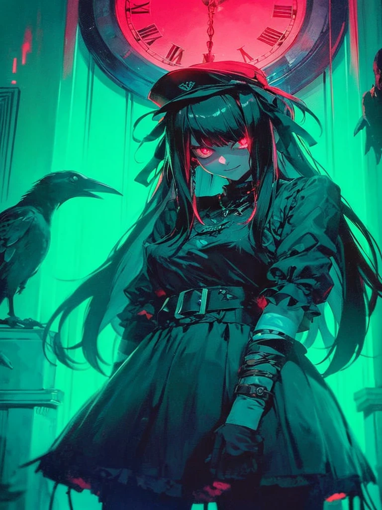 girl, dark, glowing eyes, evil, evil smile, raven nearby