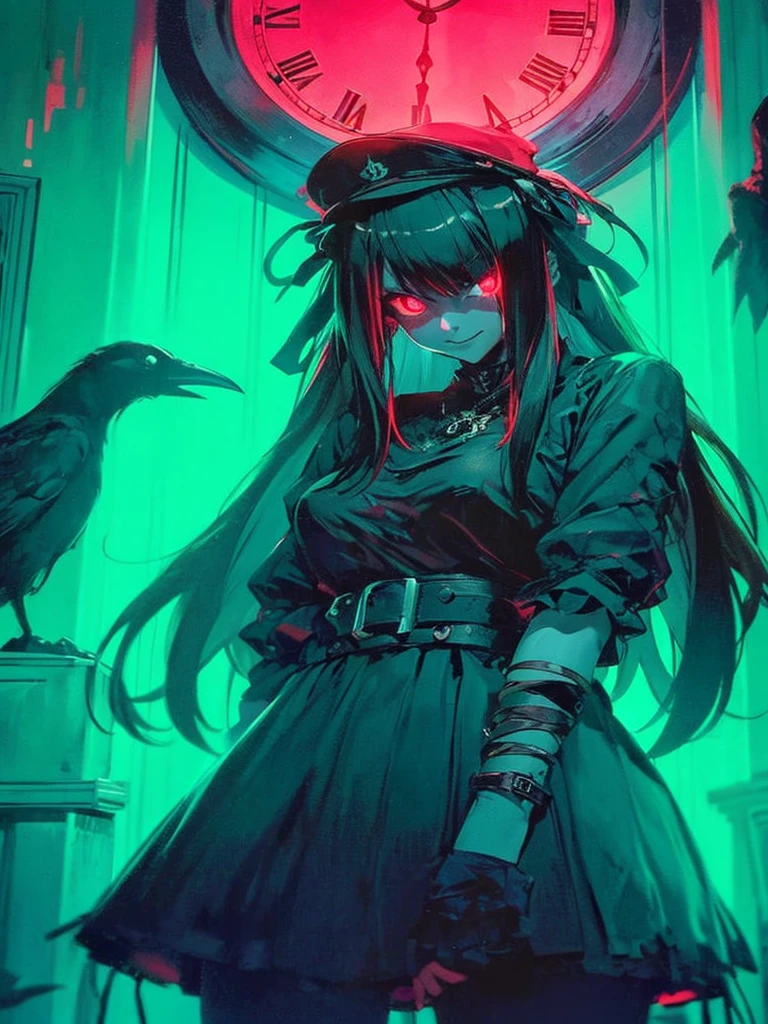 girl, dark, glowing eyes, evil, evil smile, raven nearby