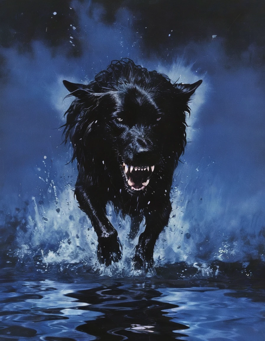 giant angry black dog in water at night, blue background