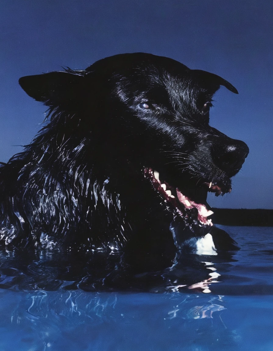 giant angry black dog in water at night, blue background