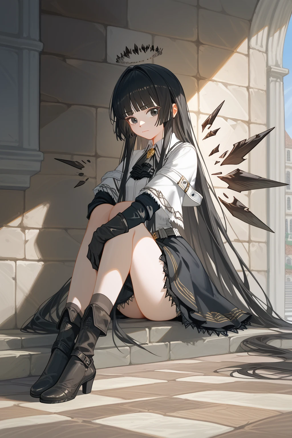 (score_9, score_8_up, score_7_up), 1girl, VirtuosaBase, black eyes, long hair, hime cut, broken halo, black ascot, white shirt, capelet, black sleeves, black gloves, belt, black skirt, energy wings, looking at viewer, small breasts, calm, closed mouth, sitting, hugging own legs, ground level, medieval city hallway, medieval market around, leaning against wall