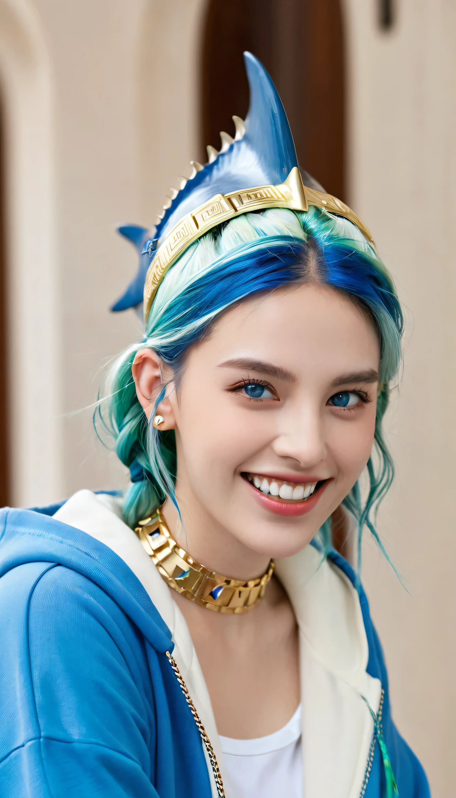 (masterpiece, best quality), intricate details,, 1girl, Gura, multicolored hair, blue eyes, shark hair ornament, gold hair ornament, gold choker, gold bracelet, sharp teeth, grin, blue hoodie,, greek clothes, peplos,