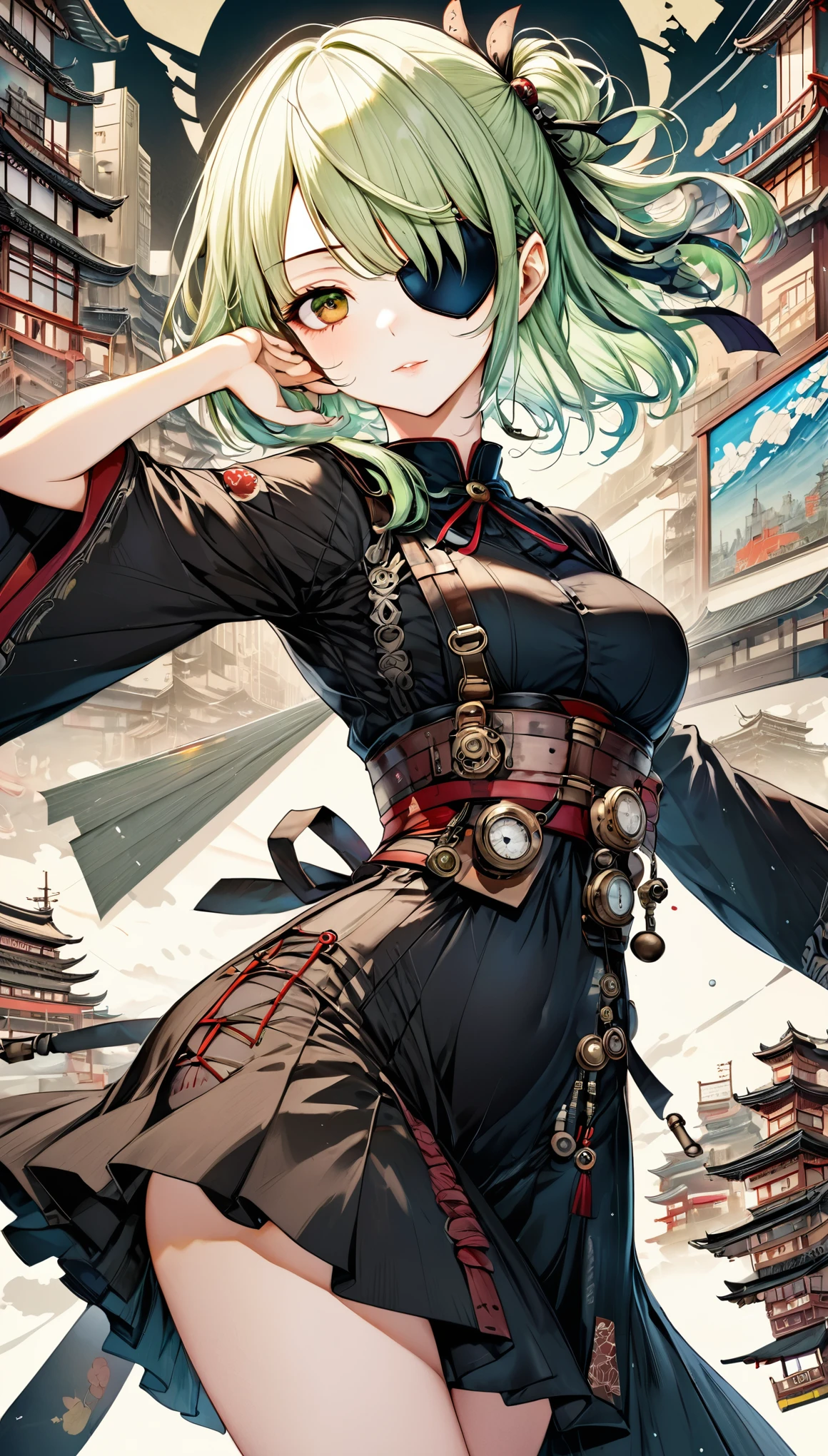 fusion of watercolors and oil paintings, fusion of paper cutting and shadow puppetry, mix of Japanese painting, ukiyo-e and woodblock prints, mix of monochrome and color, best quality, super fine, 16k, incredibly absurdres, extremely detailed, 2.5D, delicate and dynamic, beautiful woman, (eye patch), light green hair tied up, hairpin, accessories, black dress, red line, captivating look, superlative body proportion, charm pose, iridescent, kaleidoscope of stylish cityscapes, combining steampunk, clockpunk, dieselpunk and cyberpunk