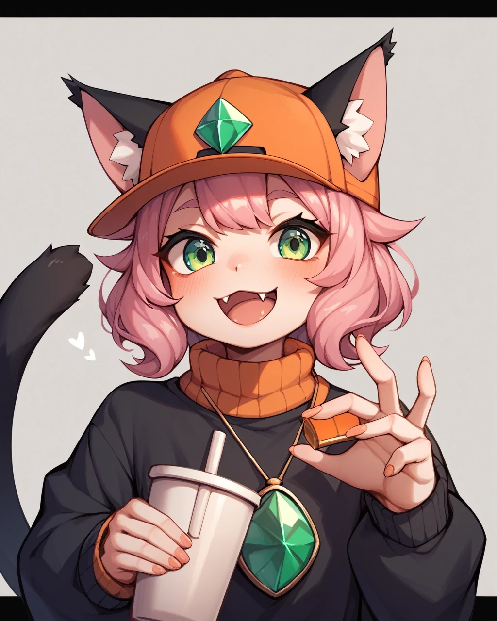 highres,shota,{((big cat ears hidden by an orange Flat cap))},{green gem eyes},{short pink hair},{open mouth},{fang},dark redsweater,((orange Flat cap)),black Nekomimi,