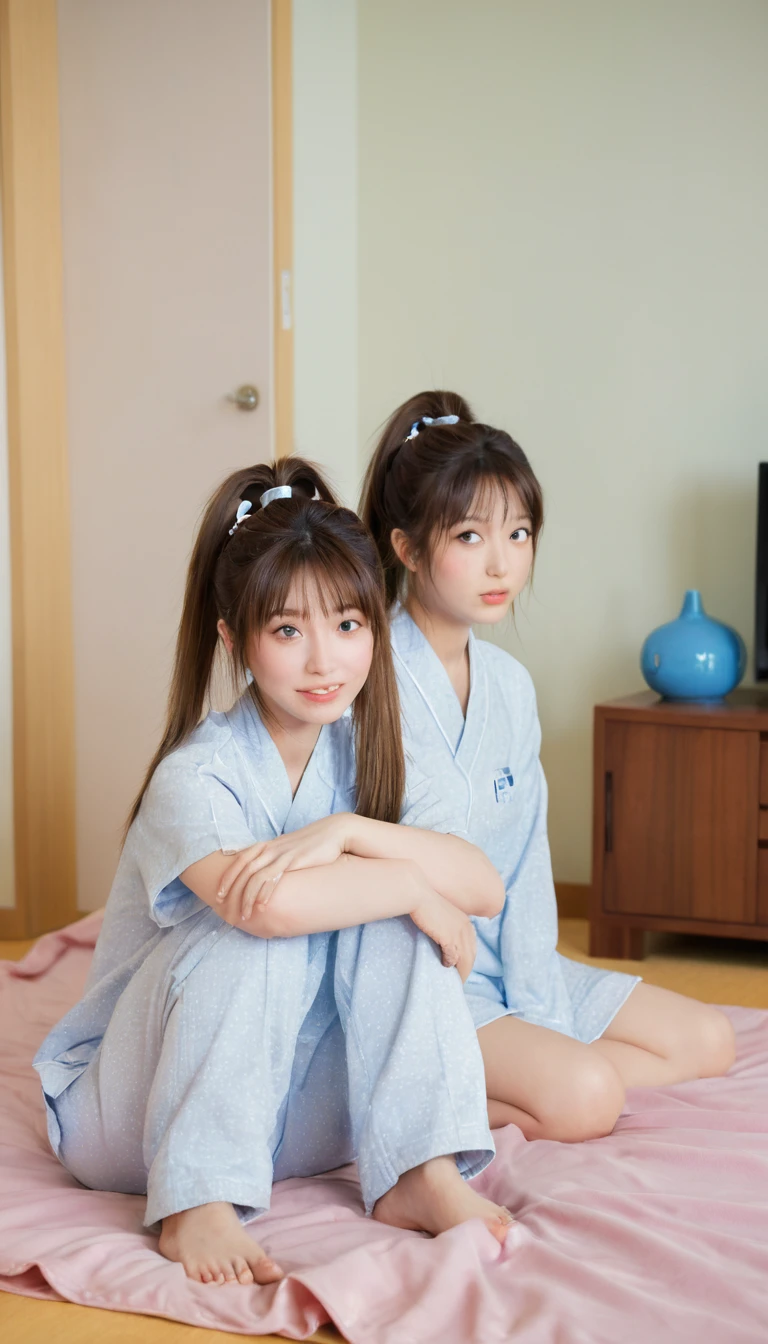 Absurd resolution, high resolution, (masterpiece: 1.4), super detailed, (((detailed face, detailed expression)), two girls, girl and girl, friends, best friends, classmates, relaxing, ponytail, bob, sitting on bed, sitting on the floor, two people conversing, background in room, friends, best friend, home, 1K, small room, curtains, bed, TV, desk, room wear, kyoto animation, The atmosphere of Kyoto Animation, (tearful)