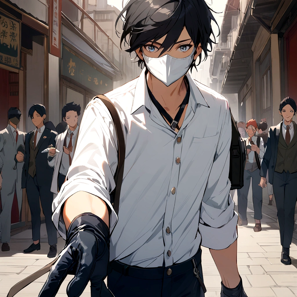 young man in white shirt,Student pants,black hair,Wear clear gloves and a mask.