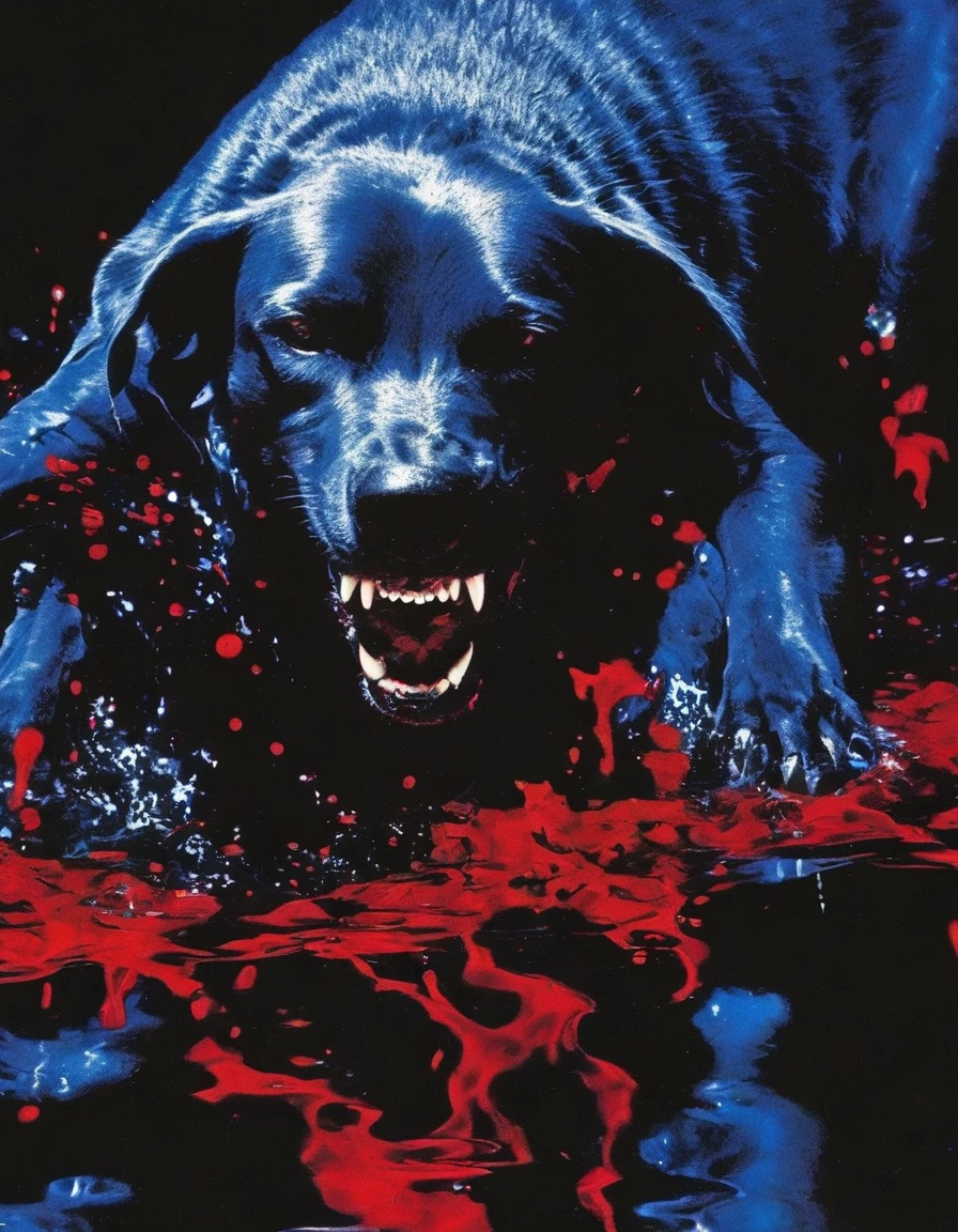 giant angry black dog in red water at night, blue background