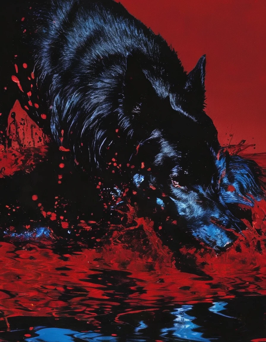 giant angry black dog in red water at night, blue background