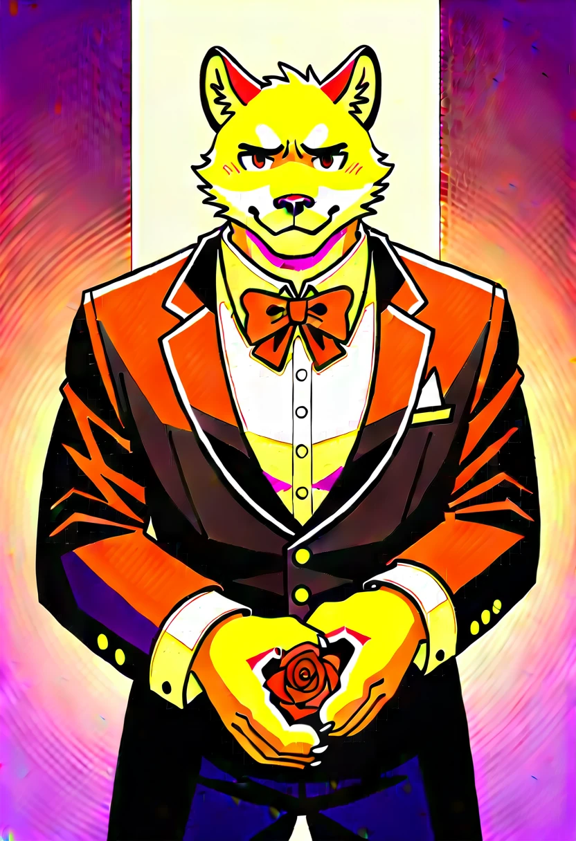 Watercolor elements, 1boy, kemono, furry, detailed body fur, animal face, animal hand, Handsome boy in tuxedo holding a red rose and looking at viewer,