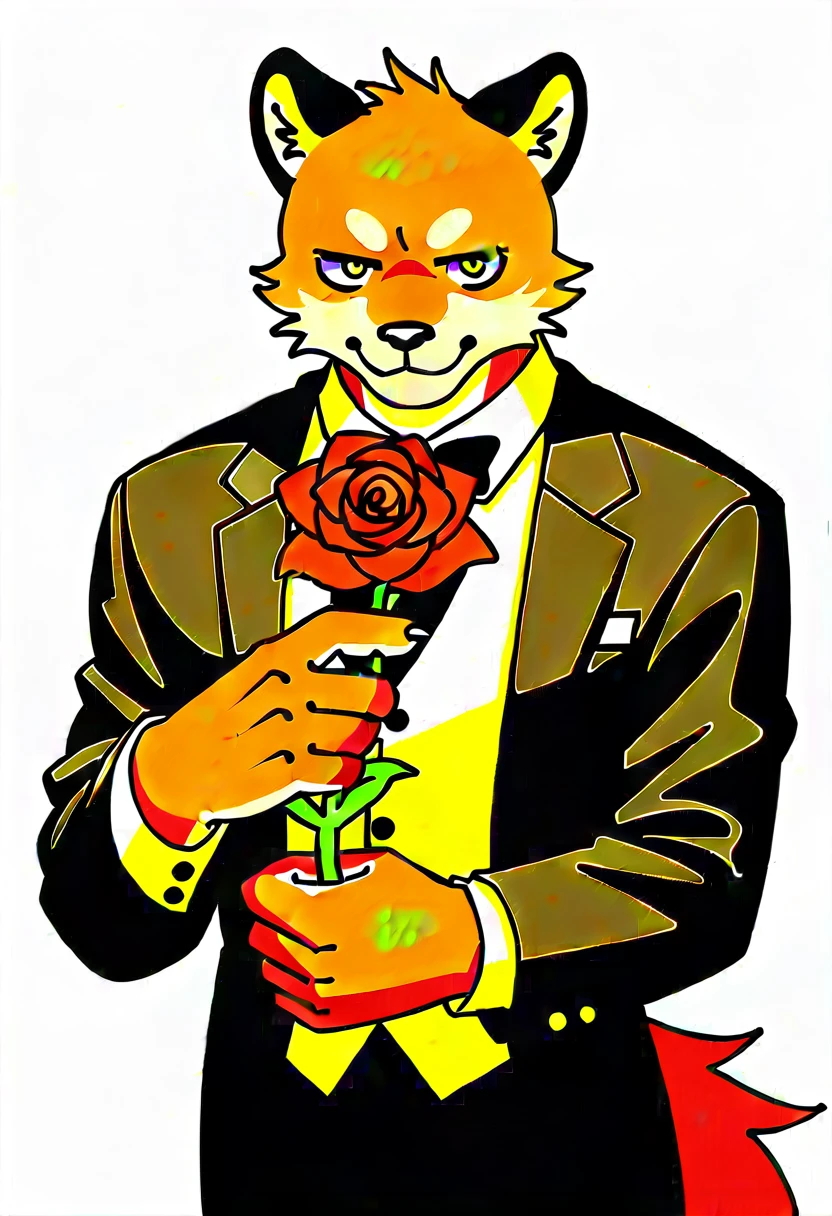 Watercolor elements, 1boy, kemono, furry, detailed body fur, animal face, animal hand, Handsome boy in tuxedo holding a red rose and looking at viewer,