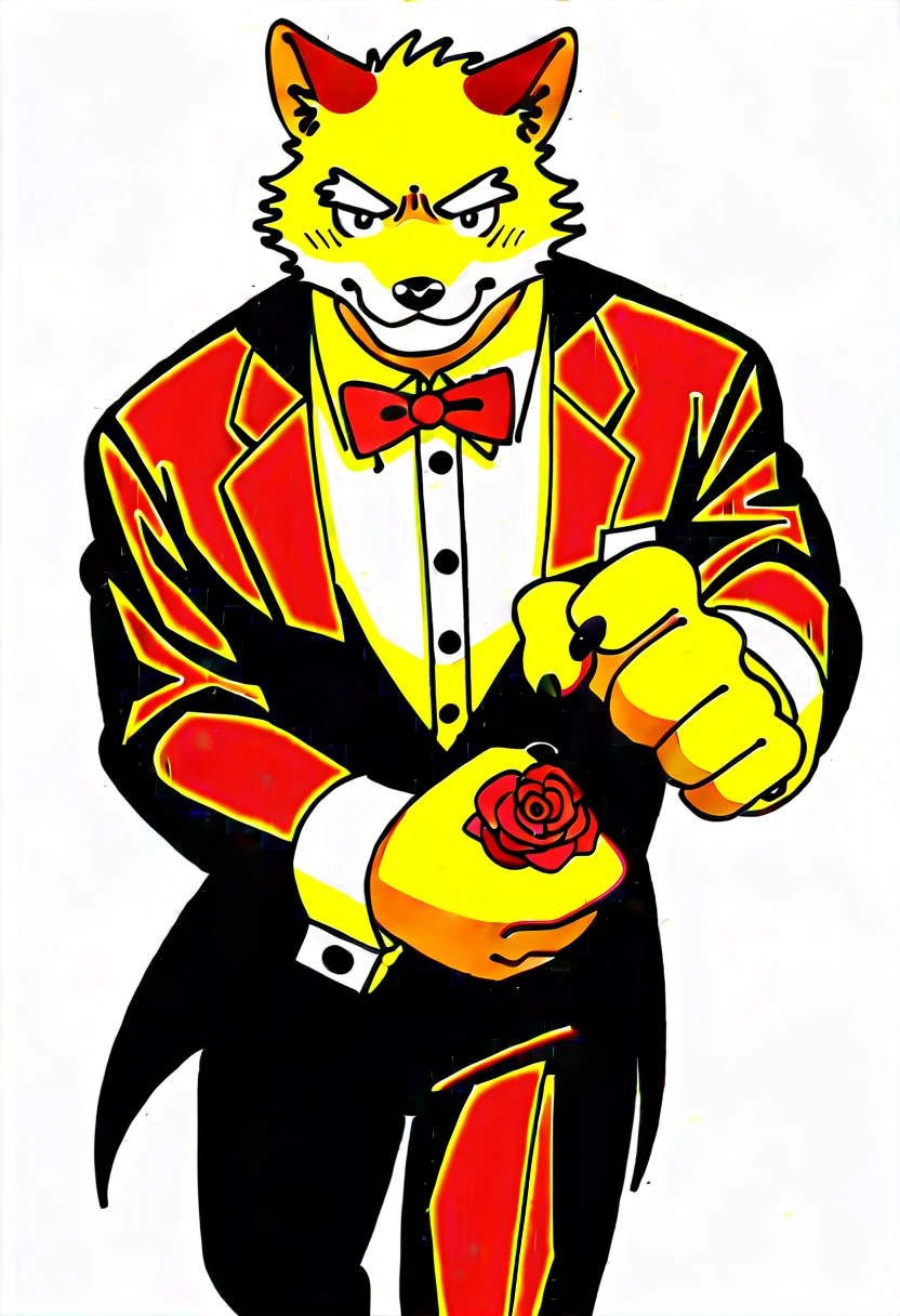 Watercolor elements, 1boy, kemono, furry, detailed body fur, animal face, animal hand, Handsome boy in tuxedo holding a red rose and looking at viewer,