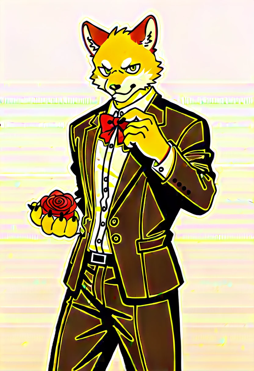 Watercolor elements, 1boy, kemono, furry, detailed body fur, animal face, animal hand, Handsome boy in tuxedo holding a red rose and looking at viewer,