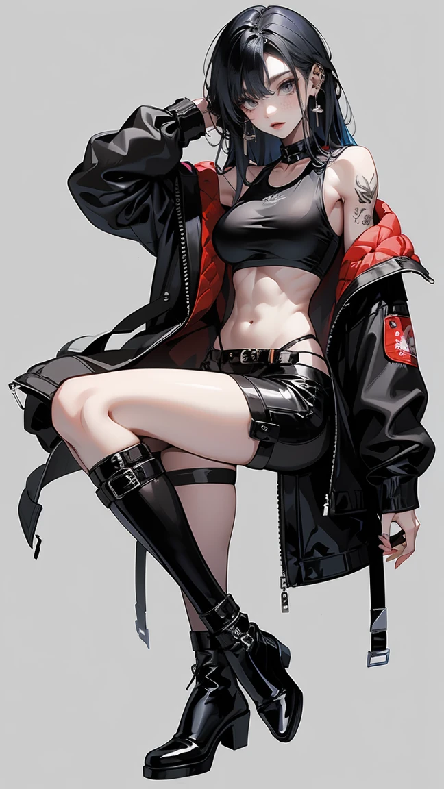 Highest quality、masterpiece、8k、Realistic、超High resolution、Very delicate and beautiful、High resolution、Muscle Girl、Perfect female body、Beautiful woman、Mature Woman、Blue Hair、long hair、Six Pack、One tattoo、Earrings、Toned body、big 、Black military uniform、Tank top、I can see your belly、Luxurious clothing、boots、cigarette、Wild Pose、Full body emphasis、Simple Background