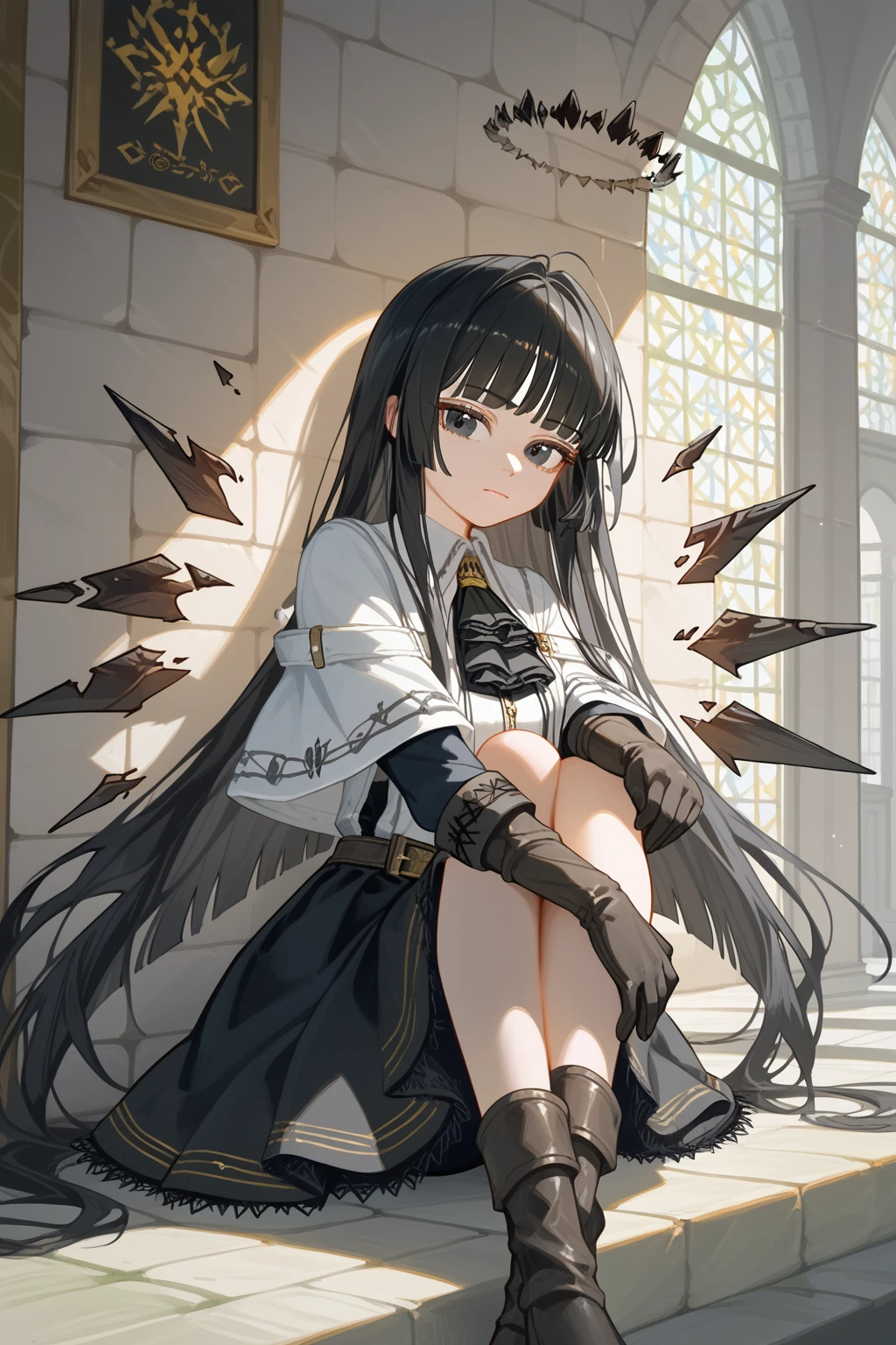 (score_9, score_8_up, score_7_up), 1girl, VirtuosaBase, black eyes, long hair, hime cut, broken halo, black ascot, white shirt, capelet, black sleeves, black gloves, belt, black skirt, energy wings, looking at viewer, small breasts, calm, closed mouth, sitting, hugging own legs, ground level, medieval city hallway, medieval market around, leaning against wall