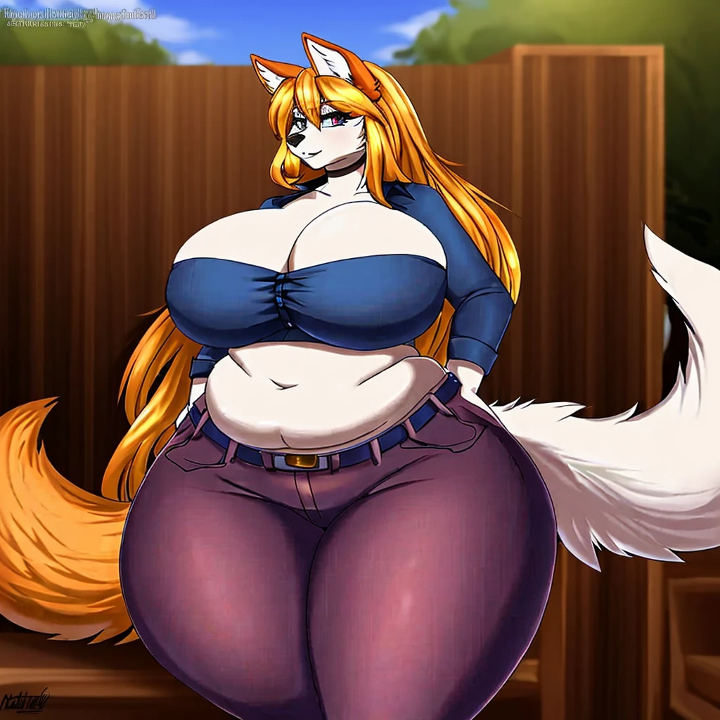 Malamute, female, long hair, huge breasts, huge hips, huge thighs, plump, voluptuous,chubby,fluffy cheeks, fluffy, fluffy tail,rolled up tail,