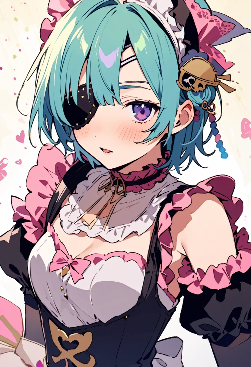 masterpiece, Highest quality, Illustration of the novel, High resolution, 18+ Adult content, Sensual, Intimate, Emotional, Passionate, romantic, sweet, Adorable, Innocent, Pure, Charmな, Charmな, Charm, mysterious, Charmな, Charmな, Immersive, Charmな, dream-like, Surreal, Imaginative, Whimsical, Artistic, Avant-garde, timeless, elegant, Sophisticated, chic, Sophisticated, personality, original, Charmな,((Maid clothes:1.3)),((Loli Pirate:1.3)),((Eye patch:1.3))、((Upper Body:1.3))