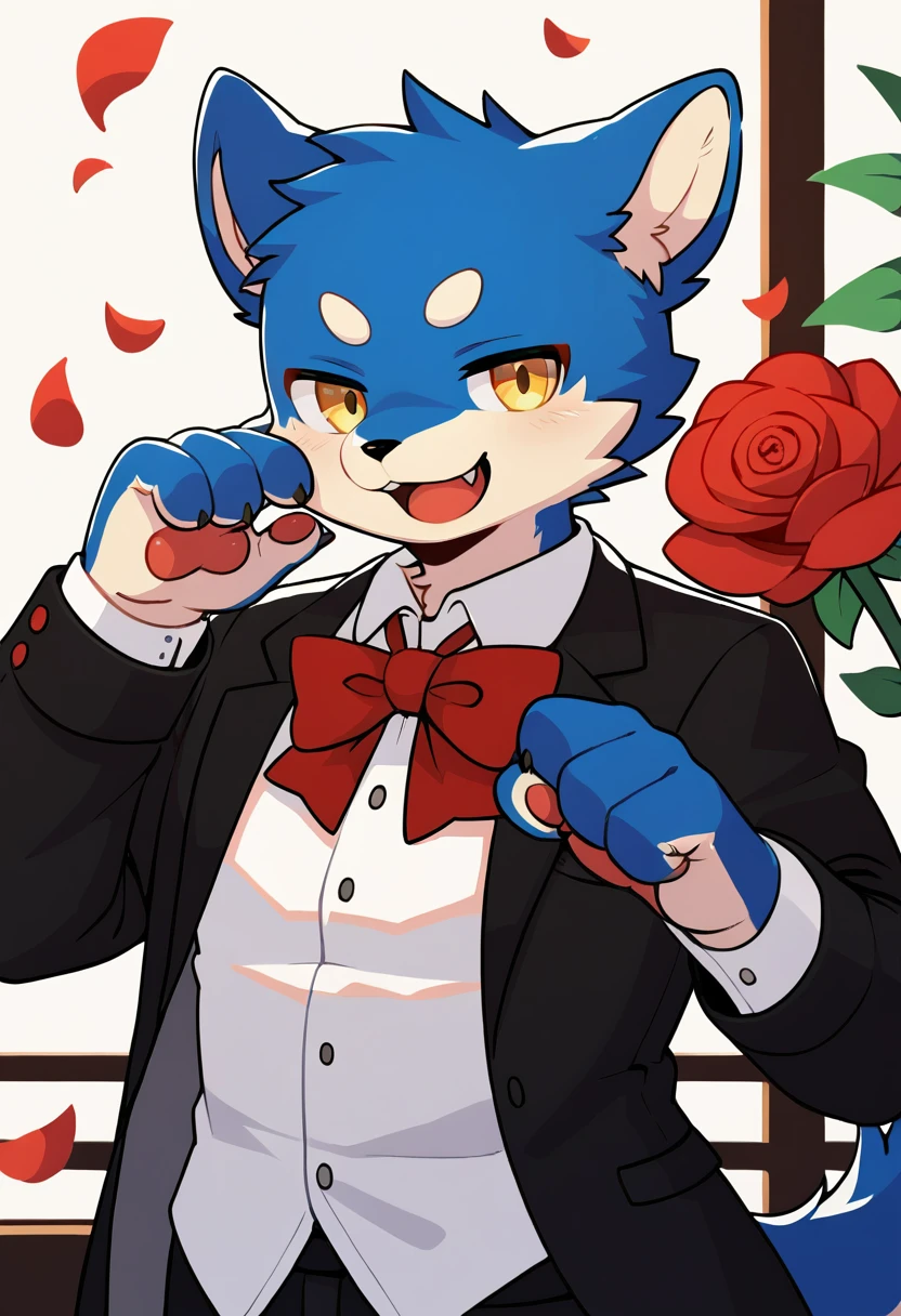Watercolor elements, 1boy, kemono, furry, detailed body fur, animal face, animal hand, Handsome boy in tuxedo holding a red rose and looking at viewer,