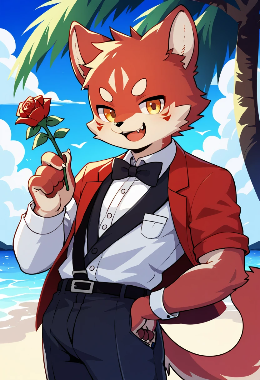 Watercolor elements, 1boy, kemono, furry, detailed body fur, animal face, animal hand, Handsome boy in tuxedo holding a red rose and looking at viewer,