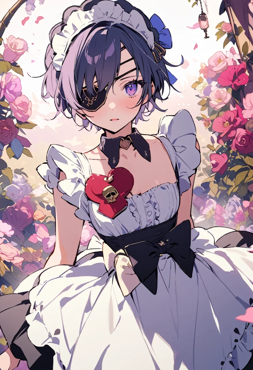 masterpiece, Highest quality, Illustration of the novel, High resolution, 18+ Adult content, Sensual, Intimate, Emotional, Passionate, romantic, sweet, Adorable, Innocent, Pure, Charmな, Charmな, Charm, mysterious, Charmな, Charmな, Immersive, Charmな, dream-like, Surreal, Imaginative, Whimsical, Artistic, Avant-garde, timeless, elegant, Sophisticated, chic, Sophisticated, personality, original, Charmな,((Maid clothes:1.3)),(( Pirate:1.3)),((Eye patch:1.3))、((Upper Body:1.3))