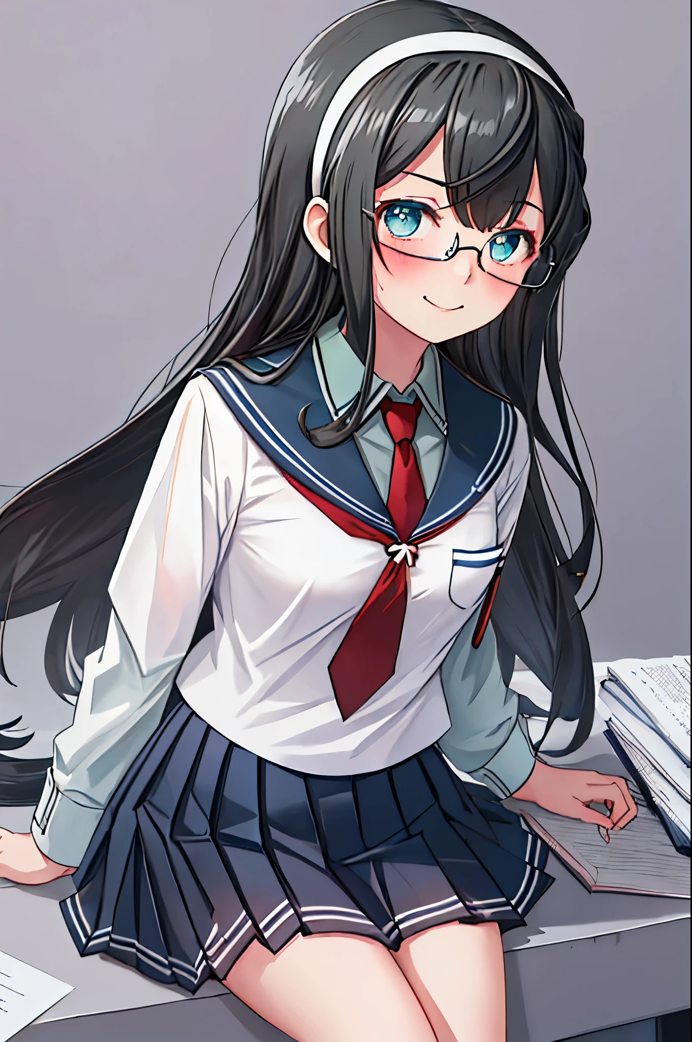 best quality, masterpiece, highres, solo, {ooyodo_kantaicollection:1.15}, black_hair, long_hair, glasses, hairband, semi-rimless_eyewear, under-rim_eyewear, blue_eyes, green_eyes, blush,small_breasts, 1girl, school_uniform, serafuku, pleats_skirt, looking_at_viewer, necktie, harbor_school_background, red_necktie,angry,smile,Proudly