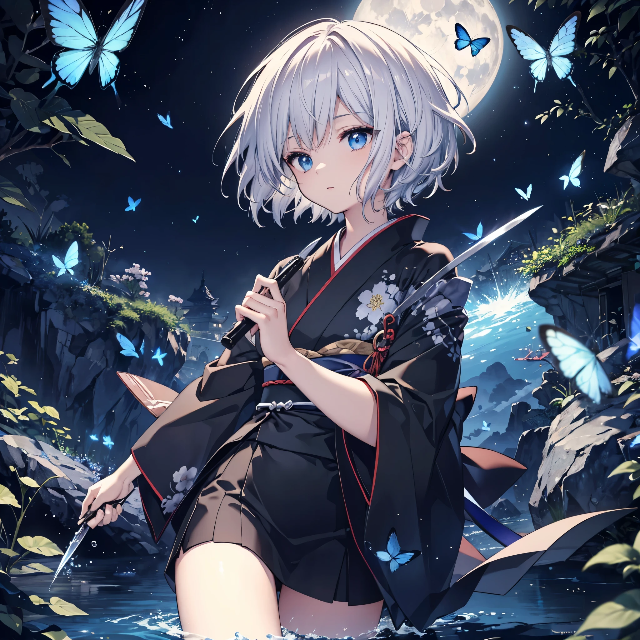 ((High resolution Gray Hair short hair Black kimono Black Band military commander Lonely despair blue eyes)) ((Yellow butterfly night Japanese style shoulder old Shining Aura garden water surface)) (dance Blade of Darkness Holding a sword Slashing) moon star Draw your sword Slashing Catch the wind