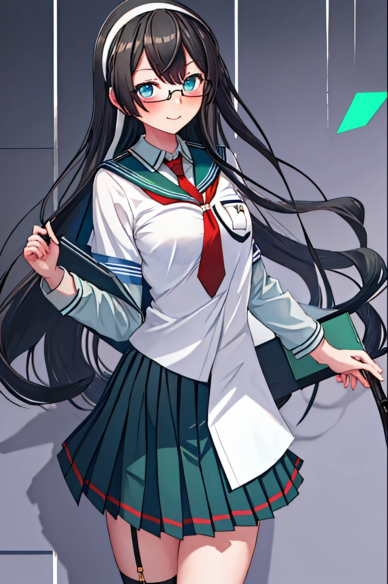 best quality, masterpiece, highres, solo, {ooyodo_kantaicollection:1.15}, black_hair, long_hair, glasses, hairband, semi-rimless_eyewear, under-rim_eyewear, blue_eyes, green_eyes, blush,small_breasts, 1girl, school_uniform, serafuku, pleats_skirt, looking_at_viewer, necktie, harbor_school_background, red_necktie,angry,smile,Proudly
