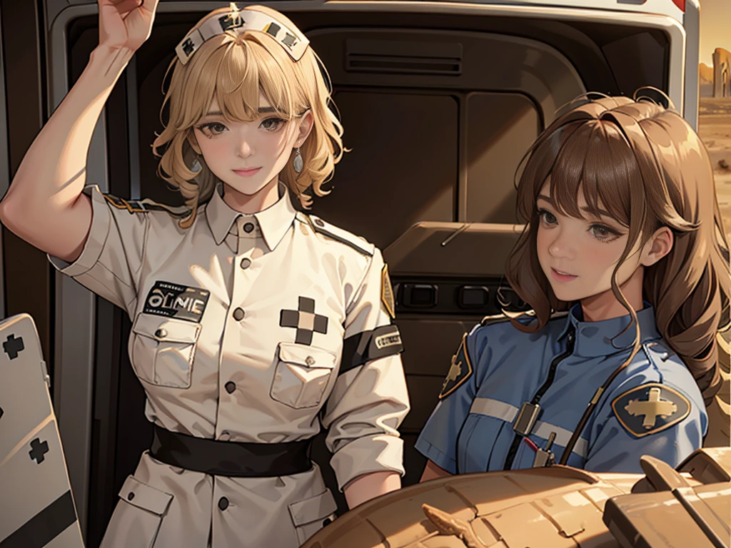 (masuter piece, best quality, very detailed), (fine face), 1 women, nurse、standing、from the waist up、golden hair、curly hair、bangs、lots of bangs、brown Eyes、Slight smile、nurse uniform , (in desert:1.5) , (ambulance:1.5)