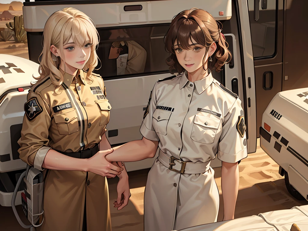 (masuter piece, best quality, very detailed), (fine face), 1 women, nurse、standing、from the waist up、golden hair、curly hair、bangs、lots of bangs、brown Eyes、Slight smile、nurse uniform , (in desert:1.5) , (ambulance:1.5)