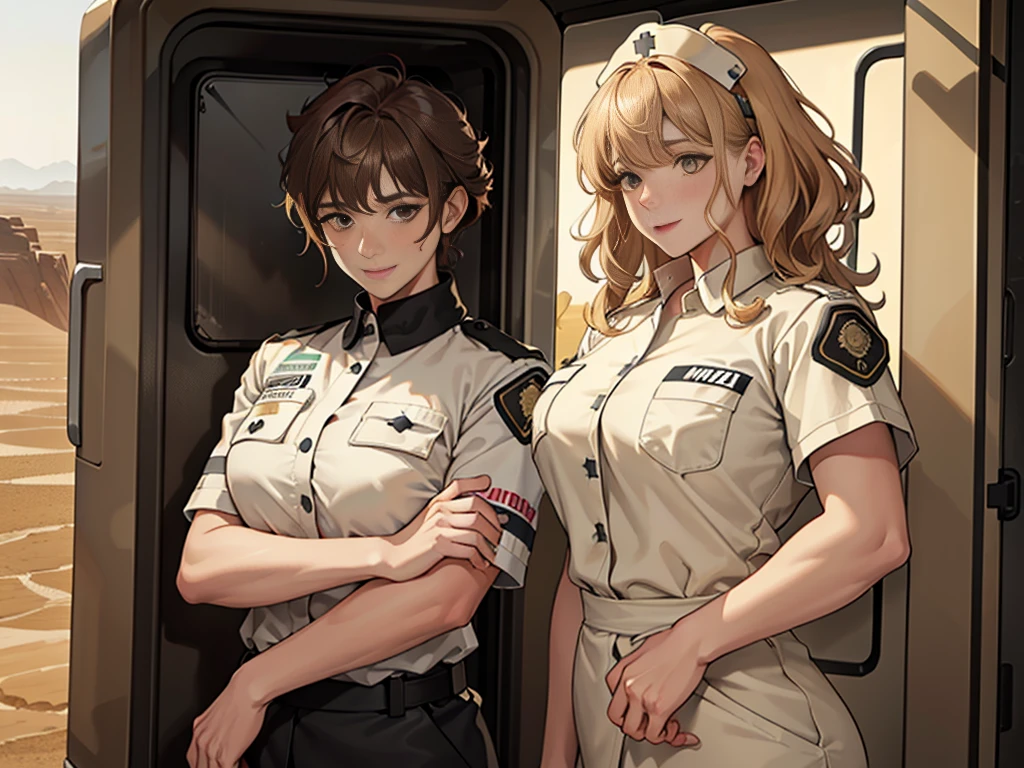 (masuter piece, best quality, very detailed), (fine face), 1 women, nurse、standing、from the waist up、golden hair、curly hair、bangs、lots of bangs、brown Eyes、Slight smile、nurse uniform , (in desert:1.5) , (ambulance:1.5)