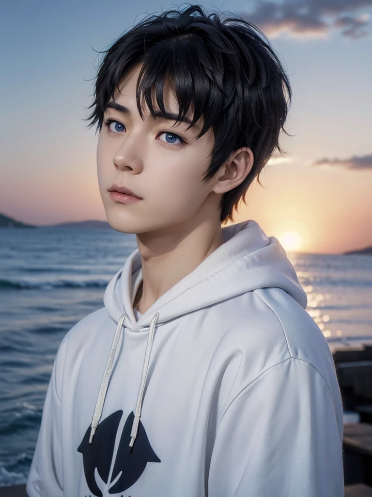 photorealistic, masterpiece, 8K, HD, portrait, closing up on face, intricate details, soft lighting, absurdres, realistic anime style, yuzuru hanyu, a handsome japanese boy, student, , cute, gentle, wistful gaze, melancholic, timid, detailed face, ocean blue eyes, dark eyes, balanced eyes, detailed eyes, looking up, looking at the sky, wearing hoodie and shirt, casual wear, fair skin, pale skin, slim, black hair, smooth hair, wavy hair, outdoors, dock, sea, waves, dawn, stars, constellation, cosmical, dreamy world, surrealism, ethereal