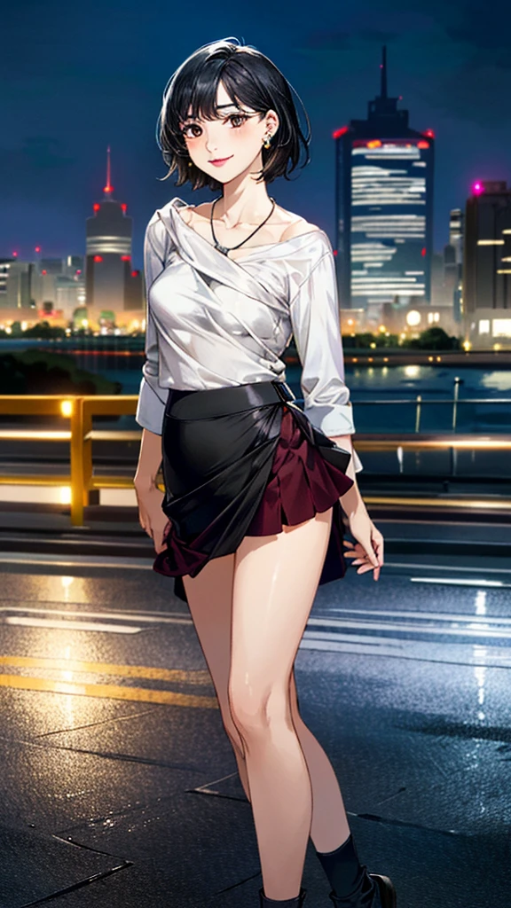 (masterpiece:1.3, Highest quality, Ultra-high resolution, Super detailed), (Realistic, photoRealistic:1.4), Beautiful illustrations, Perfect lighting, colorful, Depth of written boundary, 
Beautiful detailed hair, Beautifully detailed face, Beautiful fine details, Beautiful clavicle, Beautiful body, 美しいLarge Breasts, Beautiful thighs, Beautiful feet, Beautiful fingers, 
View Viewer、Front view:0.6, Beauty1人, Japanese, Beauty、30 years old, Perfect Face, (Perfect Anatomy, Anatomically correct), Cute and symmetrical face, , , Shiny skin, 
((shirt:1.4)), ((Long draped skirt:1.5))、
(Black Hair, Super Short Hair:1.4),  Dark brown eyes, (Large Breasts:1.1, Slim body), 
necklace, (Small earrings:1.3), 
(Beautiful views), (night), (city, cityscape in the distance), Are standing, A soft smile、(Smile, Lips parted), 