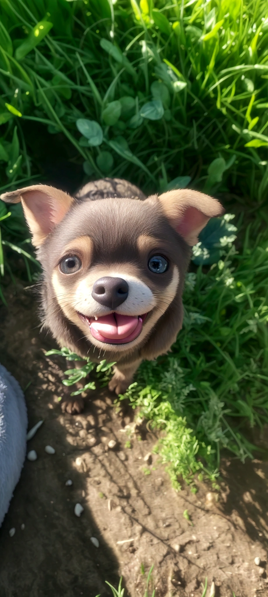 araffe puppy sitting in the grass with its tongue out, chihuahua, cara boba e fofa, Russian brown toy terrier breed, huge adorable eyes, cachorro pequeno, tongue out, lindos olhos grandes, ah, boca pequena, super cute and friendly, olhos grandes e fofos, olhos enormes, olhos muito grandes!, queixo pequeno, olhos arregalados, ela tem um rosto fofo