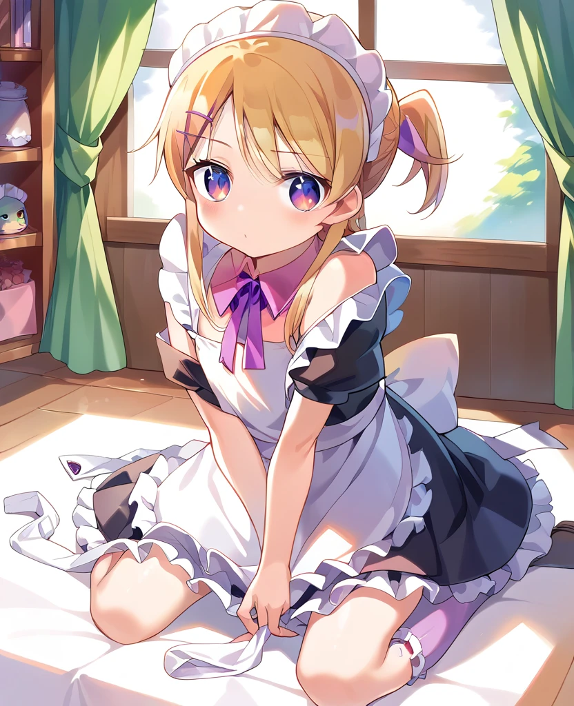 masterpiece1.0, best quality1.0, FHD1.0, female , 
loli,cute,cute,cute, cheerful, kneeling, looking at viewer, twintail, blonde,  , hair ribbon, thighhighs, ((((((frilled clothing)))))), ((((((off shoulder)))))), ((((((undone clothing)))))), ((((((mini skirt)))))), ((((((maid)))))), ((((((apron)))))), ((((((absurdres)))))), ((((((kawaii)))))), ((((((cel anime)))))),fullbody